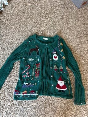 Green Holiday Cardigan Sweater with Festive Embroidered Motifs